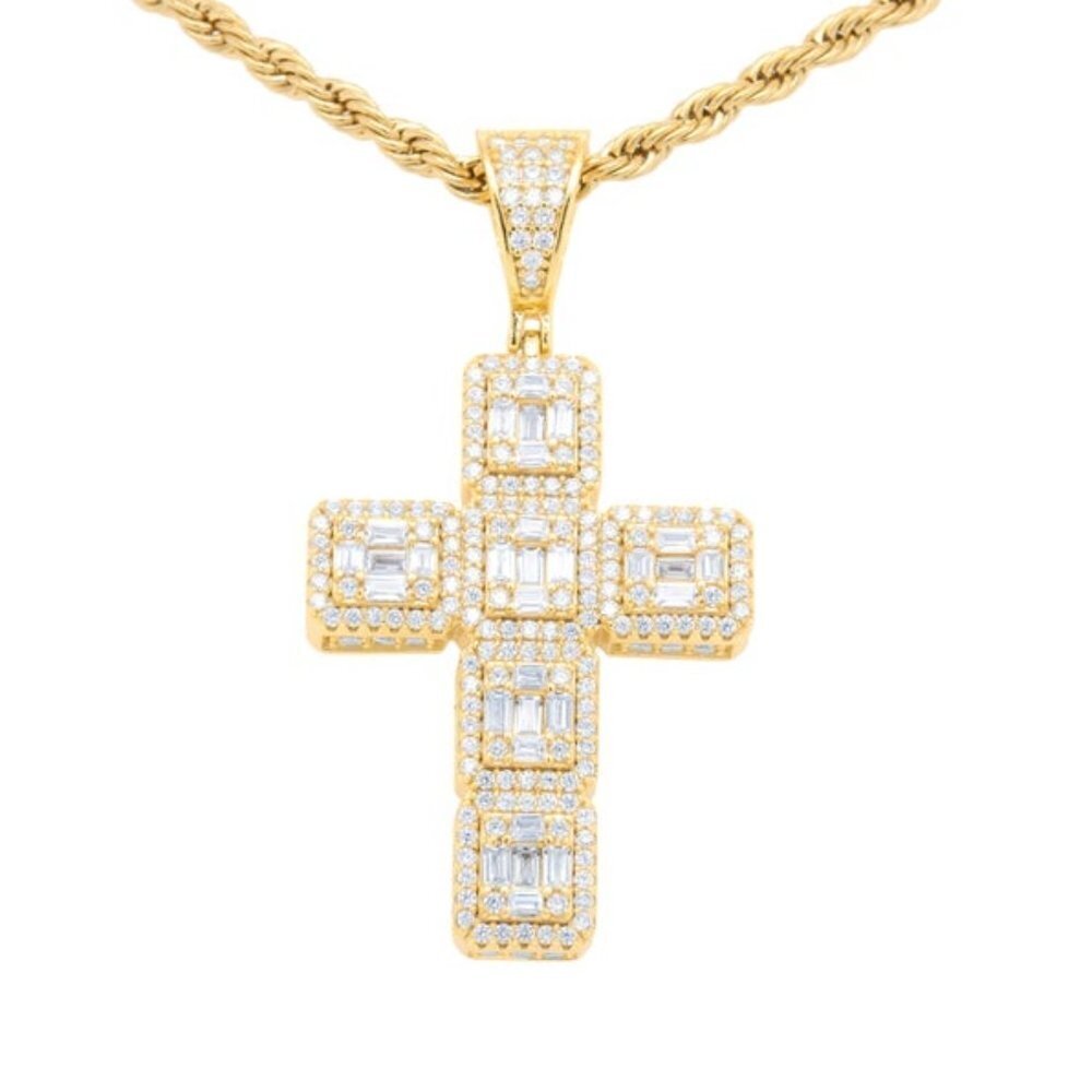 Men's 925 Diamond Baguette Cross Pendant & Chain